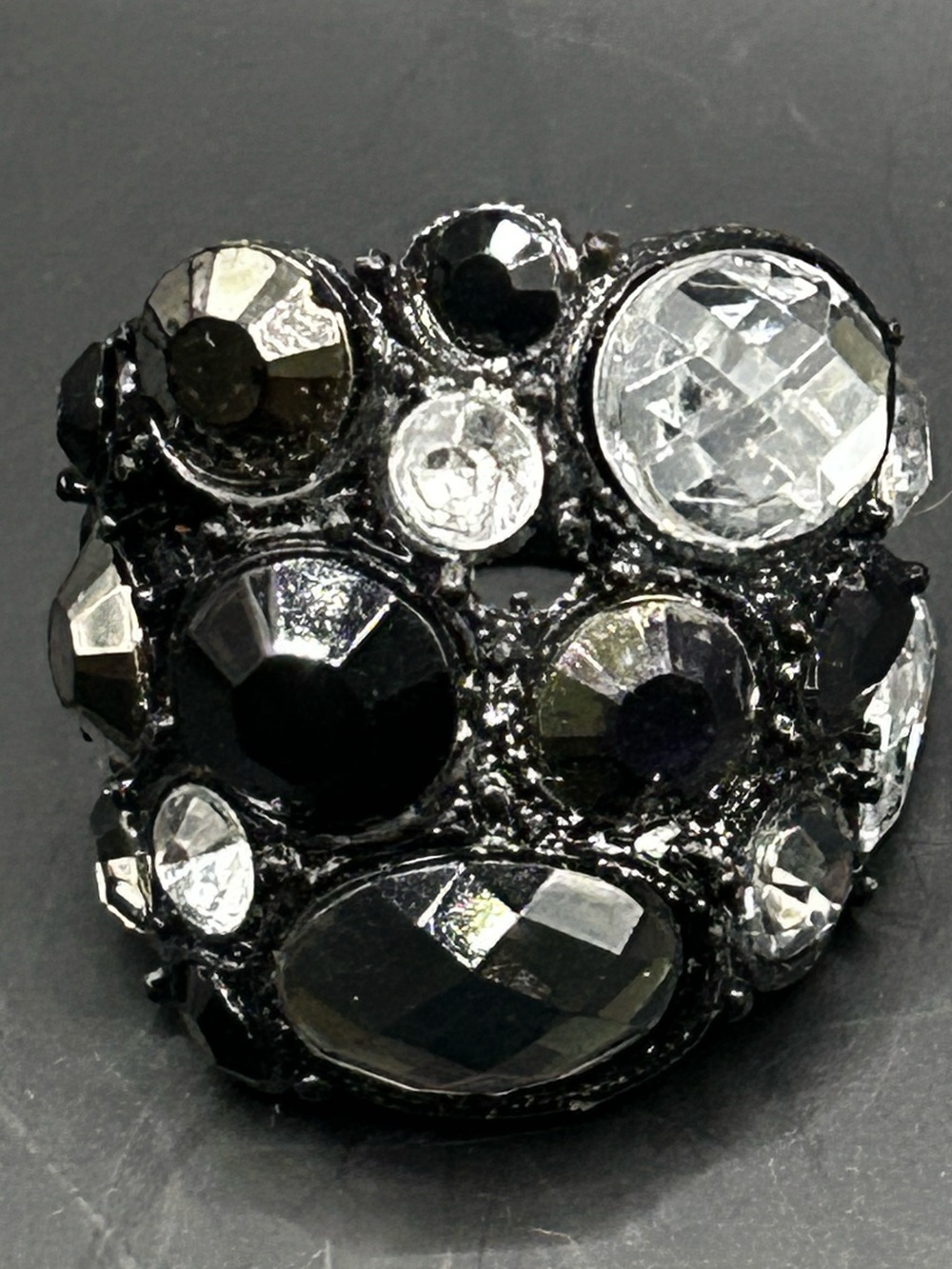 Black with and Clear Crystal Sz 7 Cluster Statement Ring